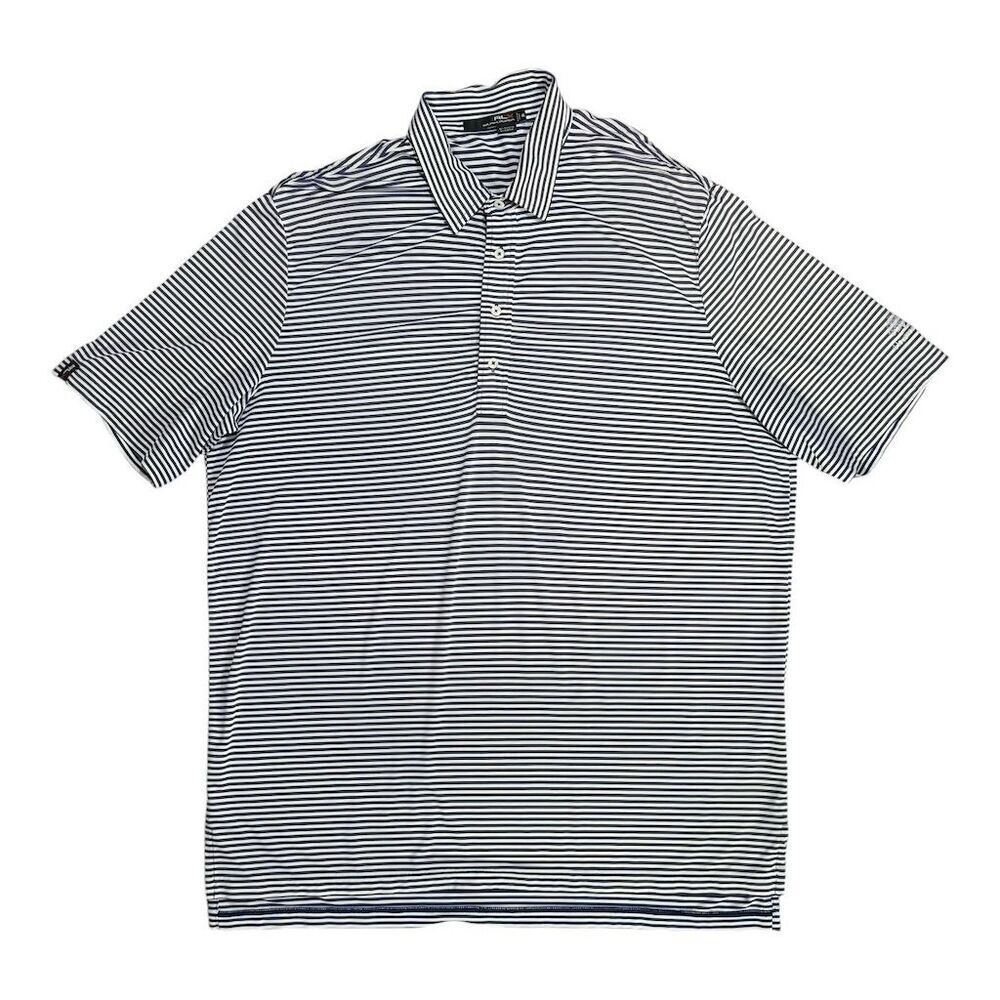 RLX Ralph Lauren Men's XXL Navy Blue White Striped Polo Shirt Short Sleeve Golf